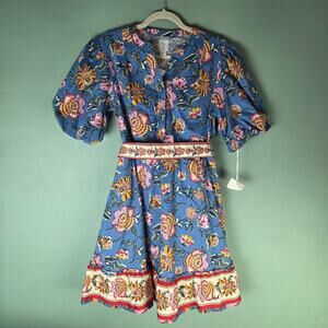 Joie Womens 8 Baja Blue Floral Puff Sleeve Mini Dress Belted Boho Cottagecore